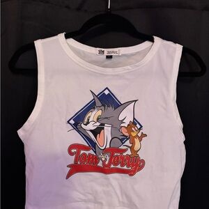 White Crop Top with Tom and Jerry Graphic Design